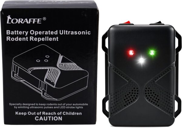 Ultrasonic Rodent Repellent for Car Engine – Battery Powered Under Hood Mouse Repeller with Flashing Strobe Light, Keeps Rats and Mice Away from Vehicle, Automobile, Truck, Garage, Attic, Barn, Shed