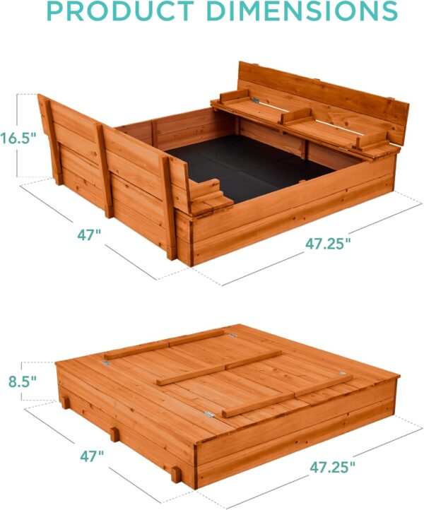 Best Choice Products Kids' Outdoor Wooden Sandbox Large, Cedar Wood with Foldable Bench Seats and Sand Protection, Bottom Liner Included - Brown