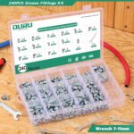 240PCS Grease Fittings Assortment,SAE & Metric Zerk Grease Fittings Straight 45 90 Degree with Wrench Kit(7-11mm) for Grease Gun