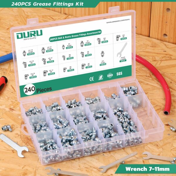 240PCS Grease Fittings Assortment,SAE & Metric Zerk Grease Fittings Straight 45 90 Degree with Wrench Kit(7-11mm) for Grease Gun