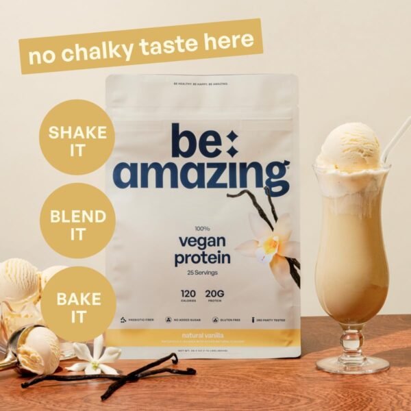 BE AMAZING Vegan Protein Powder, Natural Vanilla, 20g Plant Based Protein with Prebiotic Fiber, Low Carb, Dairy and Gluten Free Shake Mix, No Added Sugar, 29.3 oz, 25 Servings