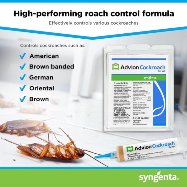 Advion Cockroach Gel Bait, 4 Tubes x 30-Grams, 4 Plunger and 4 Tips, German Roach Insect Pest Control, Indoor and Outdoor Use, Roach Killer Gel for American, German and Other Major Cockroach Species