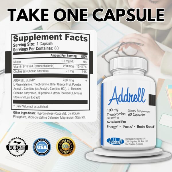 Addrell Energy Stimulant Pills- Natural Nootropic Brain Supplement Alternative Pill & Study Supplements Substitute to Elevate Mental Clarity for Women & Men OTC- 60 Mind Booster Capsules