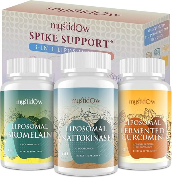 Spike Support Trio | Liposomal Nattokinase 8000 FU 500mg, Bromelain 1150 mg & Fermented Curcumin 1800 mg | High Potency, Enhanced Absorption Formula | for Immune, Heart & Circulatory| 60 Servings