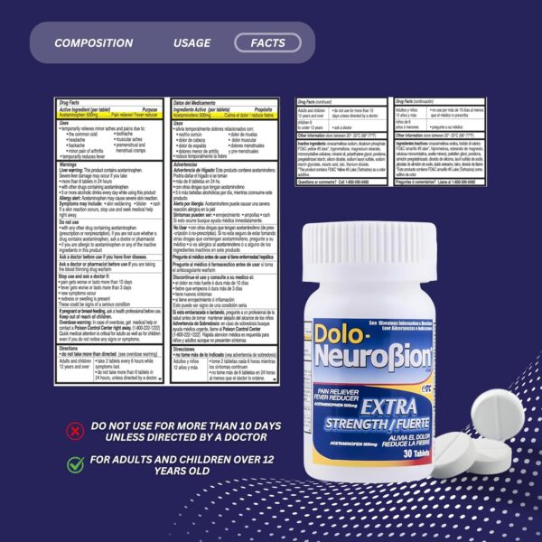 Dolo Neurobion 30 Tablets - Pain Reliever, Fever Reducer, Extra Strength, Fuerte, Alivia el Dolor, Reduce la Fiebre