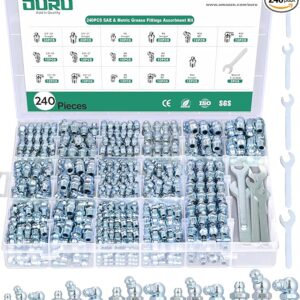 240PCS Grease Fittings Assortment,SAE & Metric Zerk Grease Fittings Straight 45 90 Degree with Wrench Kit(7-11mm) for Grease Gun