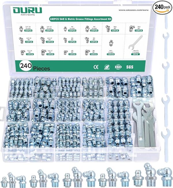 240PCS Grease Fittings Assortment,SAE & Metric Zerk Grease Fittings Straight 45 90 Degree with Wrench Kit(7-11mm) for Grease Gun