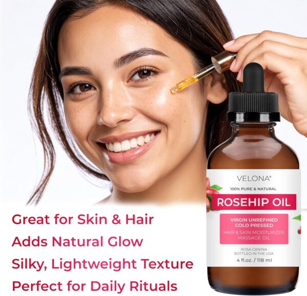 velona Rosehip Oil - 4 Fl Oz | 100% Pure and Natural Carrier Oil| Unrefined, Cold Pressed, Hexane Free | Moisturizing Face, Hair, Body, Skin Care, Stretch Marks, Scars…