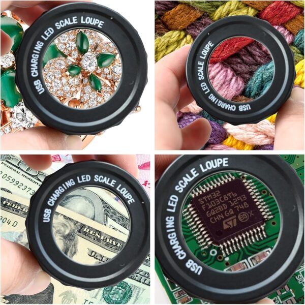 30X Loupe Magnifier, USB Rechargeable 8 Lights Portable Eye Loupe Sewing Magnifying Glass for Watches, Jewelry, Coins, Currency, Stamps