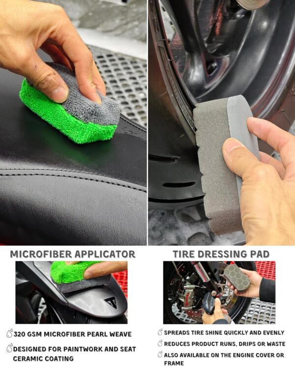 8 Pack Motorcycle Cleaning Kit - Professional Safe for Chrome/Engine/Tires, Hard Reach Brush, Microfiber Mitt, Detailing Tools, Drying Towel & Wax Applicators