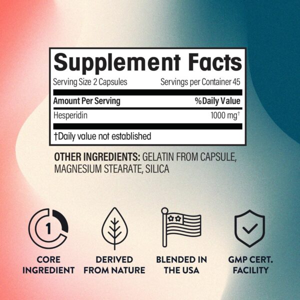 Hesperidin 1,000mg - 100% Pure Ingredient no Mixes or Additives for Blood Circulation, Leg Veins Health, Purity Guarantee 90 Capsules
