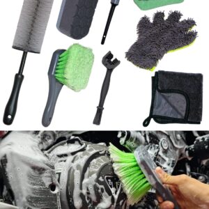 8 Pack Motorcycle Cleaning Kit - Professional Safe for Chrome/Engine/Tires, Hard Reach Brush, Microfiber Mitt, Detailing Tools, Drying Towel & Wax Applicators