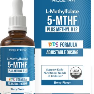 Organic Kids Methylfolate + Methyl B12 Cofactor - Organic Berry Flavor, Sublingual Form - 5-MTHF Form, Superior Form of Folate - Adjustable Dosing for All Ages - Mood, Behavior, Cognition - 1 oz.