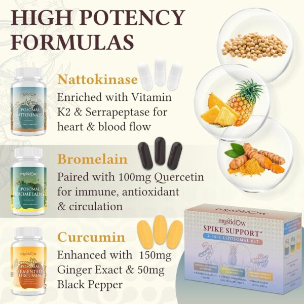 Spike Support Trio | Liposomal Nattokinase 8000 FU 500mg, Bromelain 1150 mg & Fermented Curcumin 1800 mg | High Potency, Enhanced Absorption Formula | for Immune, Heart & Circulatory| 60 Servings