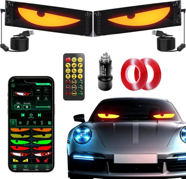Devil's Eye 2pcs:14"x4.3" Programmable ojos led para carro Windshield Display for Sedans, SUVs & Medium Trucks - USB-Powered LED Matrix Panel