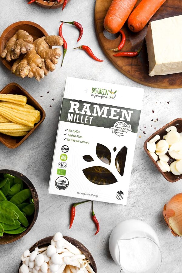 Big Green Organic Food- Organic Millet Ramen, Gluten-Free, Lectin-Free, Non-GMO, Vegan, Wheat and Rice Alternative (2.11 Ounce (25 Pieces))