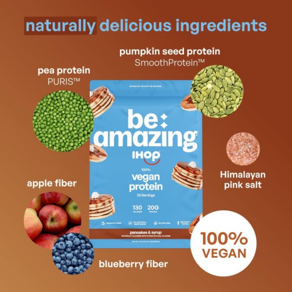 BE AMAZING Vegan Protein Powder, IHOP Pancakes & Syrup, 20g Plant Based Protein with Prebiotic Fiber, Low Carb, Dairy and Gluten Free Shake Mix, No Added Sugar, 29.3 oz, 25 Servings