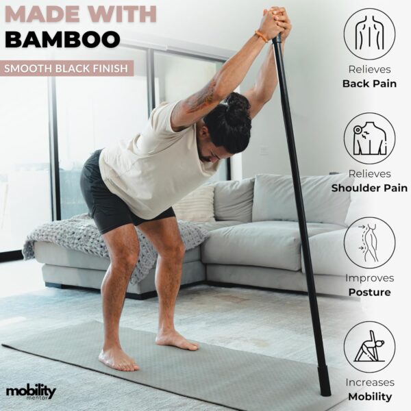 5ft Yoga Stick Made from Natural Bamboo - Stretching Stick for Mobility, Balance, Pilates & Physical Therapy - Exercise Stick with Non-Slip Ends - Includes 20+ Video Tutorials