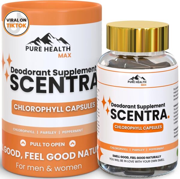 Scentra Deodorizing Supplement | Chlorophyll Capsules for Women and Men, Full Body Deodorant Pills | Natural Internal Odor Defeat Supplements, 60 Tablets for Breath, Underarm, Skin with Mint & Parsley