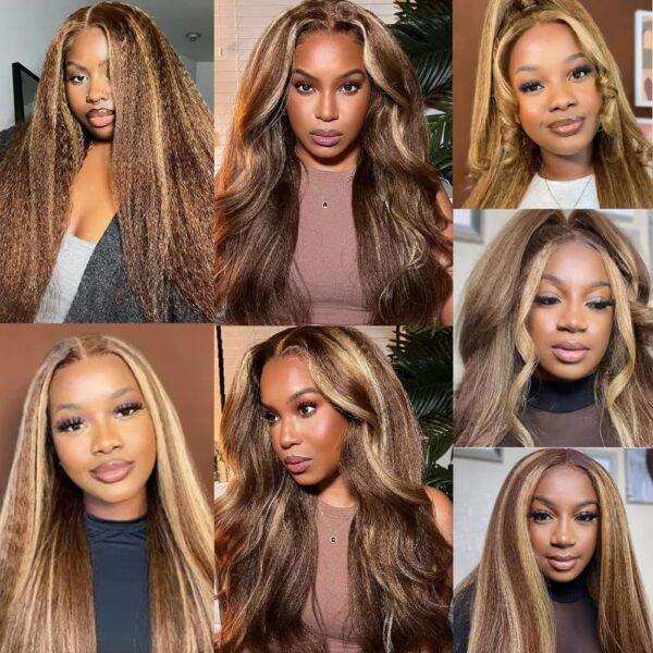Highlight Kinky Straight Human Hair 3 Bundles P4/27 Bundles Unprocessed Brazilian Virgin Brown Bundles Human Hair Extensions 26 28 30 Inch Ombre 2 Tone Brown Mixed With Blonde Bundles Human Hair