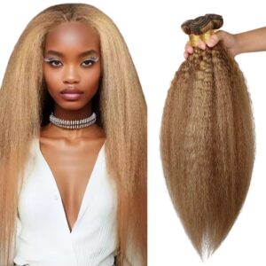 Highlight Kinky Straight Human Hair 3 Bundles P4/27 Bundles Unprocessed Brazilian Virgin Brown Bundles Human Hair Extensions 26 28 30 Inch Ombre 2 Tone Brown Mixed With Blonde Bundles Human Hair