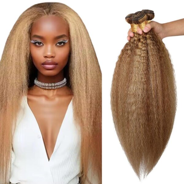 Highlight Kinky Straight Human Hair 3 Bundles P4/27 Bundles Unprocessed Brazilian Virgin Brown Bundles Human Hair Extensions 26 28 30 Inch Ombre 2 Tone Brown Mixed With Blonde Bundles Human Hair