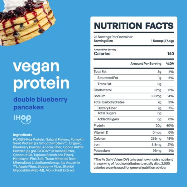 BE AMAZING Vegan Protein Powder, IHOP Double Blueberry Pancakes, 20g Plant Based Protein with Prebiotic Fiber, Low Carb, Dairy and Gluten Free Shake Mix, No Added Sugar, 29.3 oz, 25 Servings