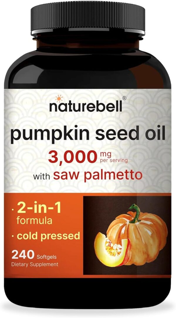 NatureBell Virgin Pumpkin Seed Oil 3,000mg Per Serving with Saw Palmetto, 240 Softgels | Cold Pressed – Rich in Omega 6 & 9 Essential Fatty Acids – Prostate & Bladder Supplements, Non-GMO