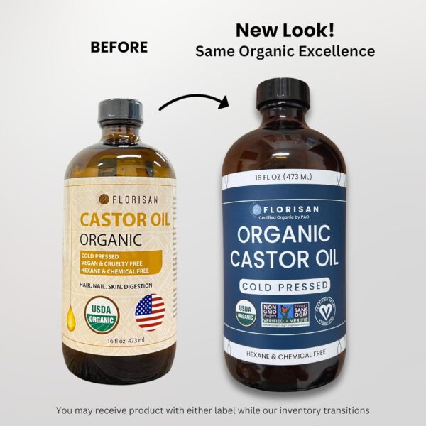 Florisan Organic Castor Oil 16oz Glass Bottle, Cold Pressed, Hexane-Free, Non-GMO, 100% Pure Castor Oil for Hair Growth, Skin, Lashes, Eyebrows, EWG Verified & USDA Organic Certified