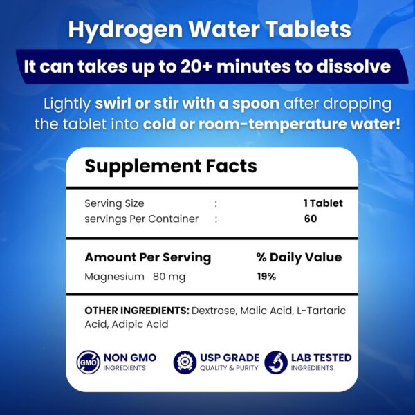 PHM Hydrogen Water Tablets for Drinking Water - H2 Molecular Tabs | Magnesium Pills, Electrolytes Hydration Supplement to Support Healthy Aging & Energy Boost | 90 Tablets, 3 Months Supply