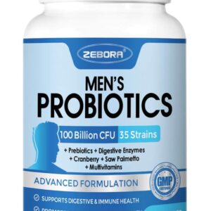 ZEBORA Probiotics for Men 100 Billion CFU - Probiotics for Digestive Health, Men's Probiotic Supplement, Prebiotics & Enzymes, for Prostate Health with Saw Palmetto | 90 Veg Capsules