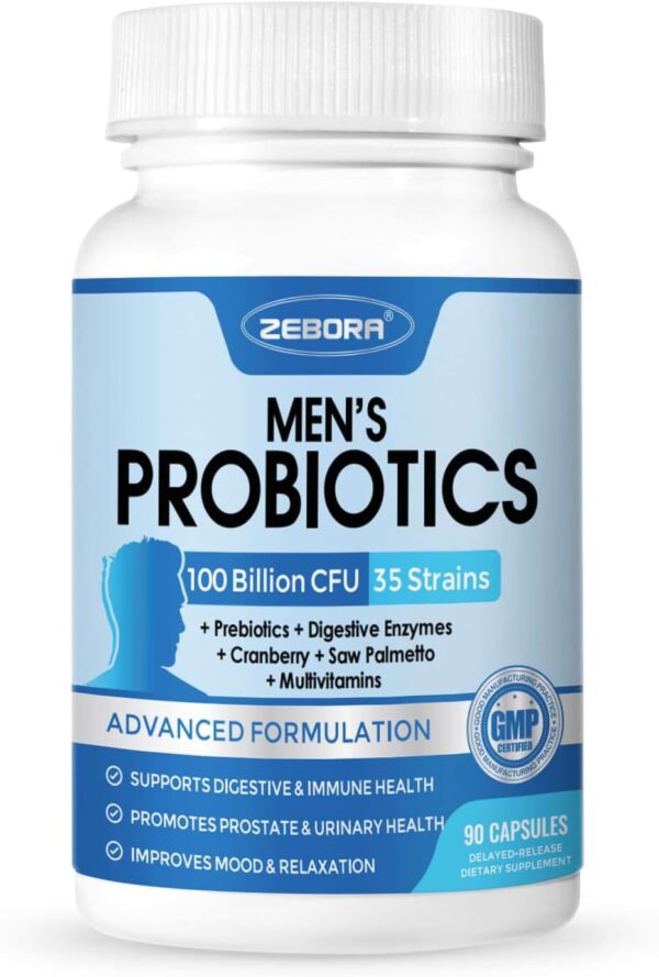 ZEBORA Probiotics for Men 100 Billion CFU - Probiotics for Digestive Health, Men's Probiotic Supplement, Prebiotics & Enzymes, for Prostate Health with Saw Palmetto | 90 Veg Capsules