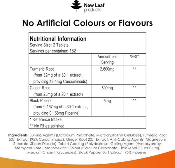Turmeric Tablets - High Strength Extract with Black Pepper & Ginger (365 Tablets) Active 95% Turmeric Curcumin Supplements, Vegan, GMP, GMO Free Gluten Free, UK Made by New Leaf