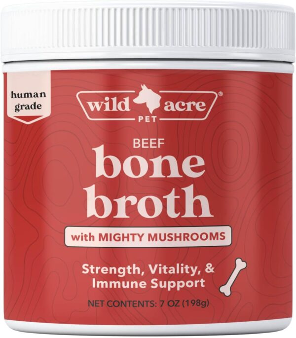 Wild Acre Premium Beef Bone Broth for Dogs – High Protein + Collagen Enhanced with Mushroom Blend for Strong Bones, Joint Flexibility, Digestive Comfort, and Immune Support - Natural Dog Food Topper