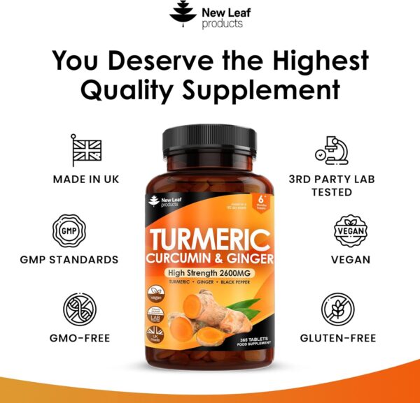 Turmeric Tablets - High Strength Extract with Black Pepper & Ginger (365 Tablets) Active 95% Turmeric Curcumin Supplements, Vegan, GMP, GMO Free Gluten Free, UK Made by New Leaf