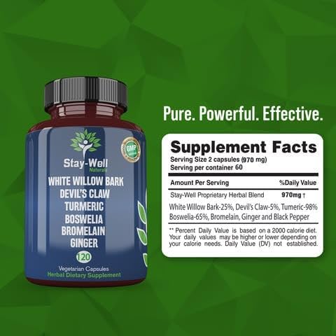 Pain Relief- White Willow Bark Extract, Devil's Claw, Turmeric, Boswellia, Bromelain and Ginger Premium Extract Blend- 120ct