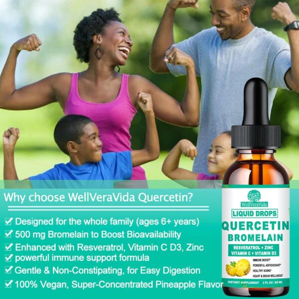 Quercetin with Bromelain Liquid Drops, 4X Stronger Than Capsules & Pills, 7-in-1 Organic Zinc Quercetin 1000mg with Bromelain 500mg Vitamin C D3 Immune Support for Respiratory Health & Antioxidant