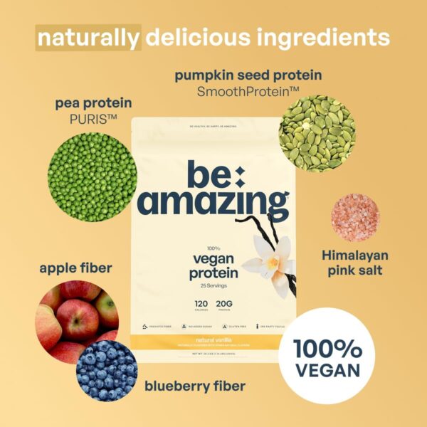 BE AMAZING Vegan Protein Powder, Natural Vanilla, 20g Plant Based Protein with Prebiotic Fiber, Low Carb, Dairy and Gluten Free Shake Mix, No Added Sugar, 29.3 oz, 25 Servings
