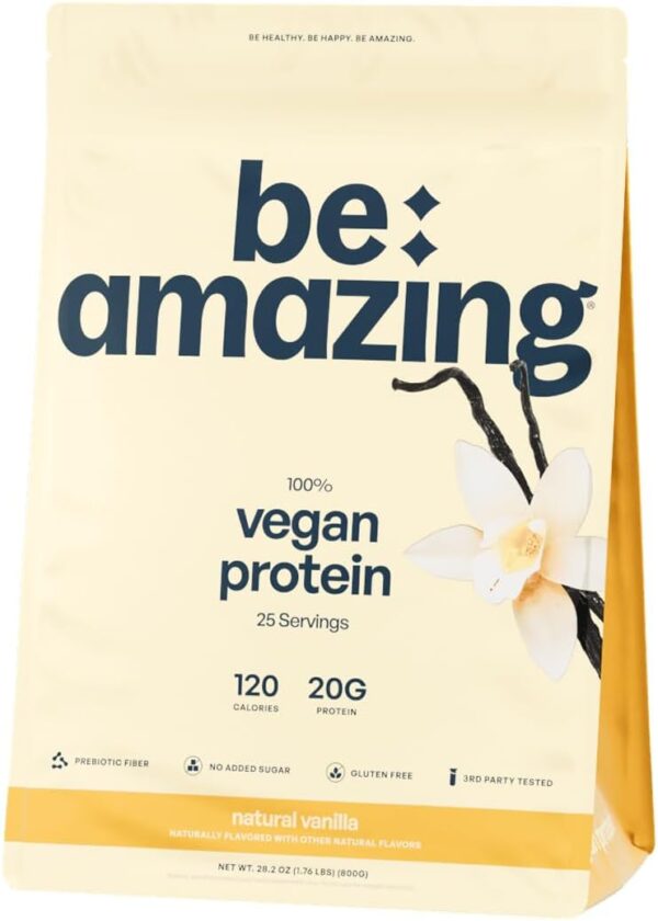 BE AMAZING Vegan Protein Powder, Natural Vanilla, 20g Plant Based Protein with Prebiotic Fiber, Low Carb, Dairy and Gluten Free Shake Mix, No Added Sugar, 29.3 oz, 25 Servings