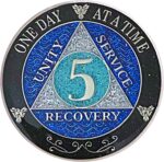 (Years 1-50) 5 Year AA Recovery Silver Color Plated Glitter Medallion, Black Rainbow, Blue, Silver Glitter Coin, Epoxy Covered (AA 5 Year Glitter Medallion)