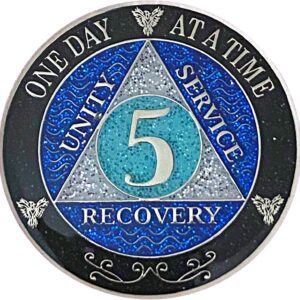 (Years 1-50) 5 Year AA Recovery Silver Color Plated Glitter Medallion, Black Rainbow, Blue, Silver Glitter Coin, Epoxy Covered (AA 5 Year Glitter Medallion)