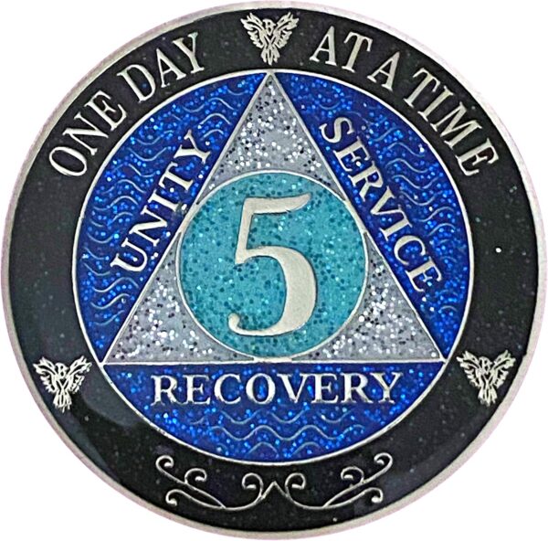 (Years 1-50) 5 Year AA Recovery Silver Color Plated Glitter Medallion, Black Rainbow, Blue, Silver Glitter Coin, Epoxy Covered (AA 5 Year Glitter Medallion)