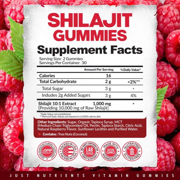 Shilajit Gummies 10,000mg for Men & Women - Maximum Strength Pure Himalayan Shilajit, Gluten-Free, Non-GMO, 100% Vegetarian - Natural Raspberry Flavor - 60 Count