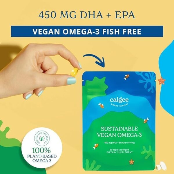 Calgee Vegan Omega 3-450mg DHA & EPA Fatty Acids - Sustainable Algae Oil - Plant-Based Fish Oil Alternative - Carrageenan-Free Softgels (60 Ct)