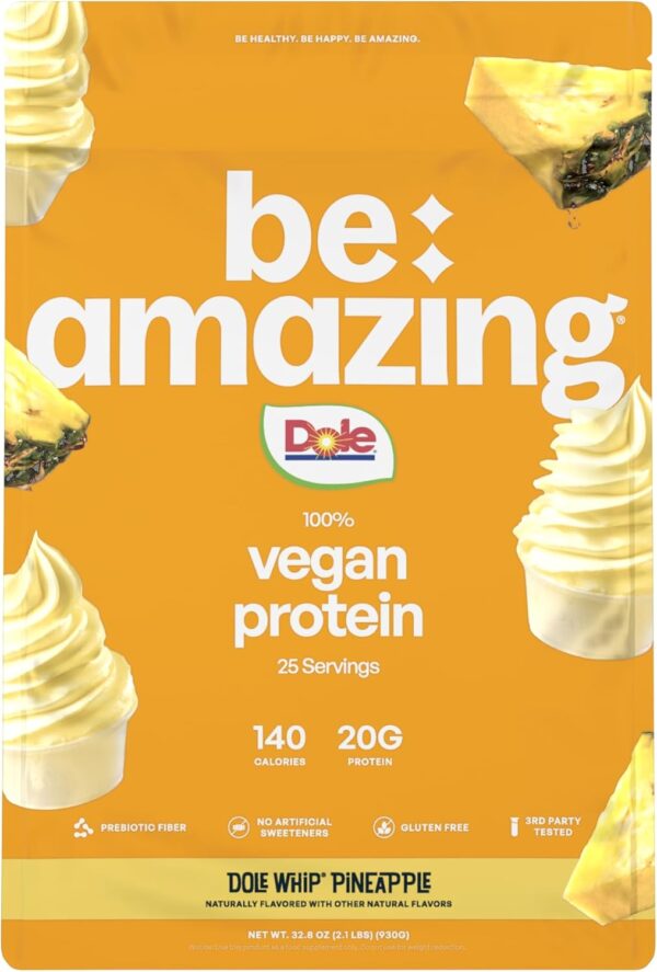 BE AMAZING Vegan Protein Powder, Dole Whip Pineapple, 20g Plant Based Protein with Prebiotic Fiber, Low Carb, Dairy and Gluten Free Shake Mix, No Added Sugar, 29.3 oz, 25 Servings