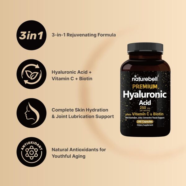 NatureBell Hyaluronic Acid Supplements 250mg | 240 Capsules, with Biotin 5000mcg & Vitamin C 25mg, 3 in 1 Support