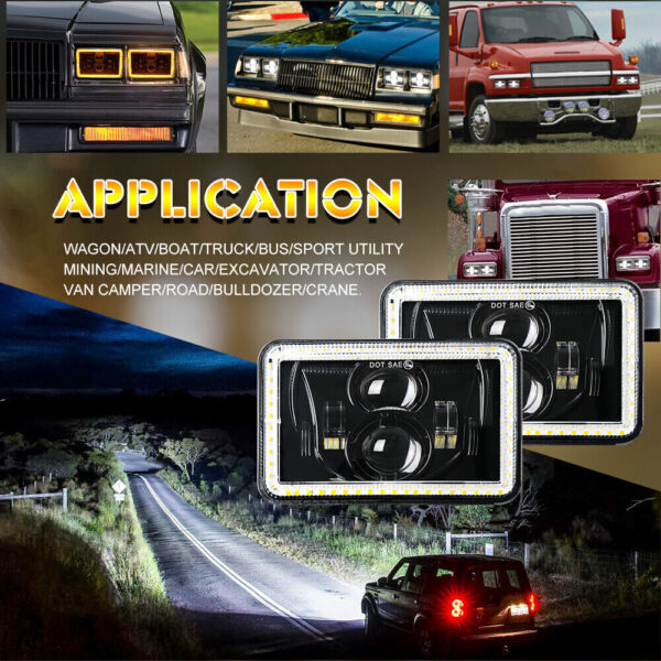 4x For Ford Mustang 1979-1986 DOT 4x6" Square LED Headlights Hi/Lo Beam With DRL