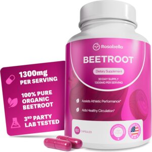 Rosabella Organic Beet Root Capsules - 1300mg Beet Root Powder Aids Healthy Circulation & Vitality, Non-GMO, Beet Root Supplement - 60 Capsules, 30-Day Supply