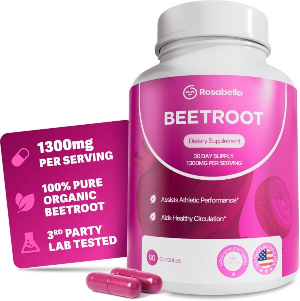 Rosabella Organic Beet Root Capsules - 1300mg Beet Root Powder Aids Healthy Circulation & Vitality, Non-GMO, Beet Root Supplement - 60 Capsules, 30-Day Supply