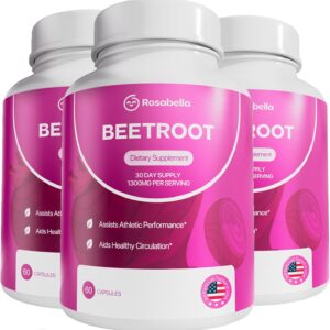 Rosabella Organic Beet Root Capsules - 1300mg Beet Root Powder Aids Healthy Circulation & Vitality, Non-GMO, Beet Root Supplement - 180 Capsules, 90-Day Supply